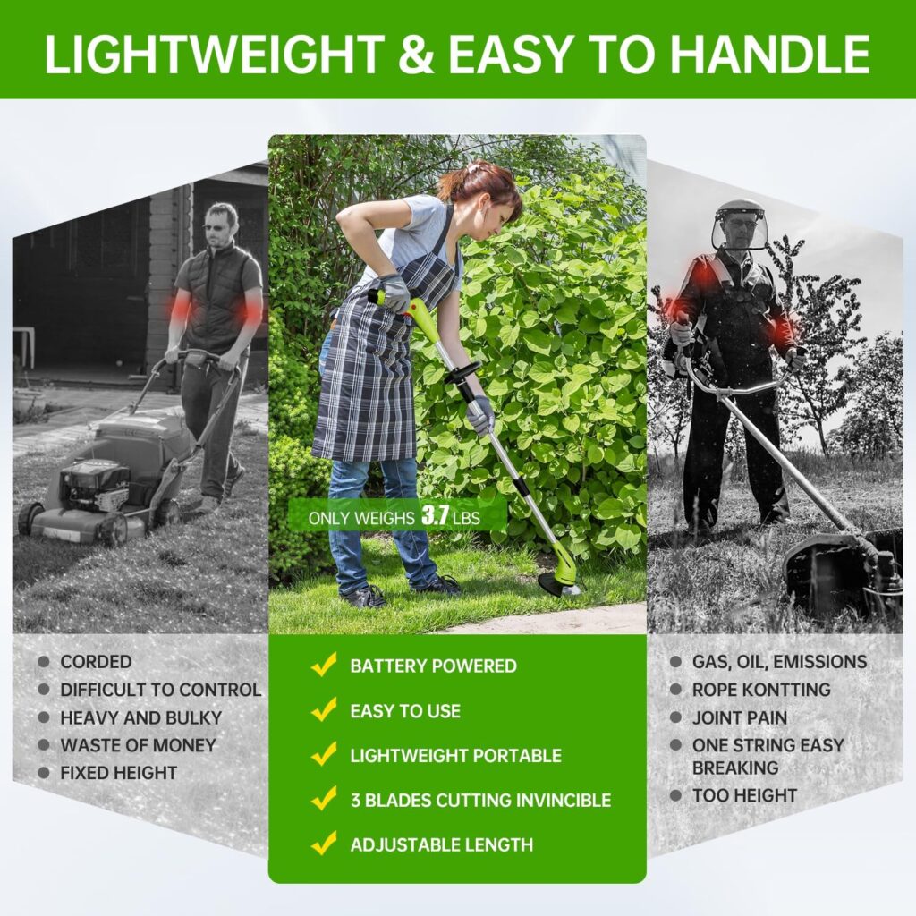 Cordless Lawn Trimmer Weed Wacker - GardenJoy 12V Grass Trimmer Lawn Edger with 2.0Ah Li-Ion Battery Powered and 3 Types Cutting Blade, Electric Weed Trimmer Tool for Lawn Care and Garden Yard Work