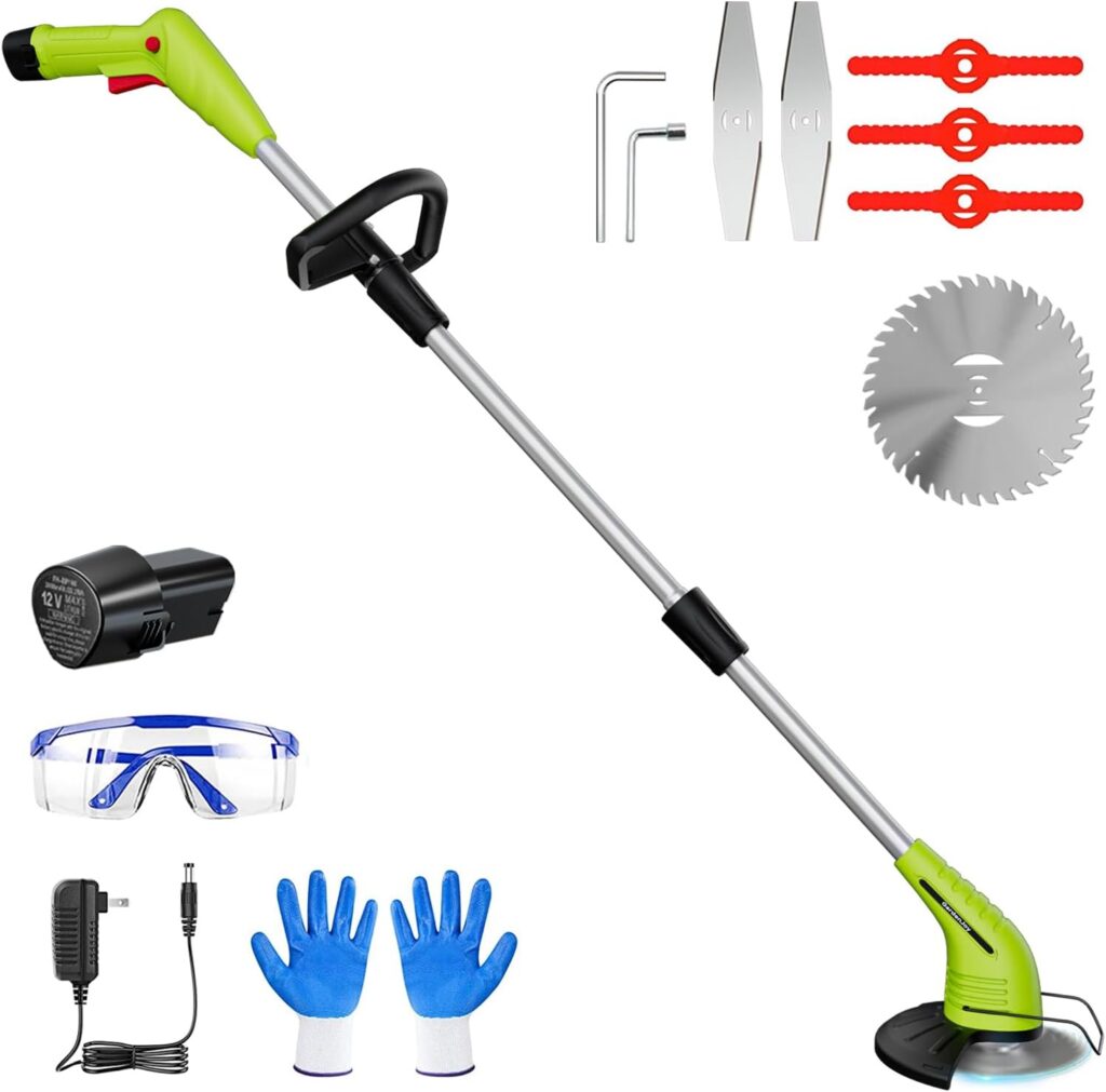 Cordless Lawn Trimmer Weed Wacker - GardenJoy 12V Grass Trimmer Lawn Edger with 2.0Ah Li-Ion Battery Powered and 3 Types Cutting Blade, Electric Weed Trimmer Tool for Lawn Care and Garden Yard Work