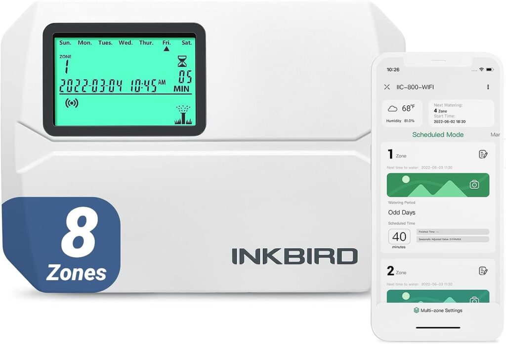 Inkbird Smart Sprinkler Controller WiFi 8 Zone, Indoor Irrigation System Controller, 8 Station, Remote Monitoring, Seasonal Adjustment