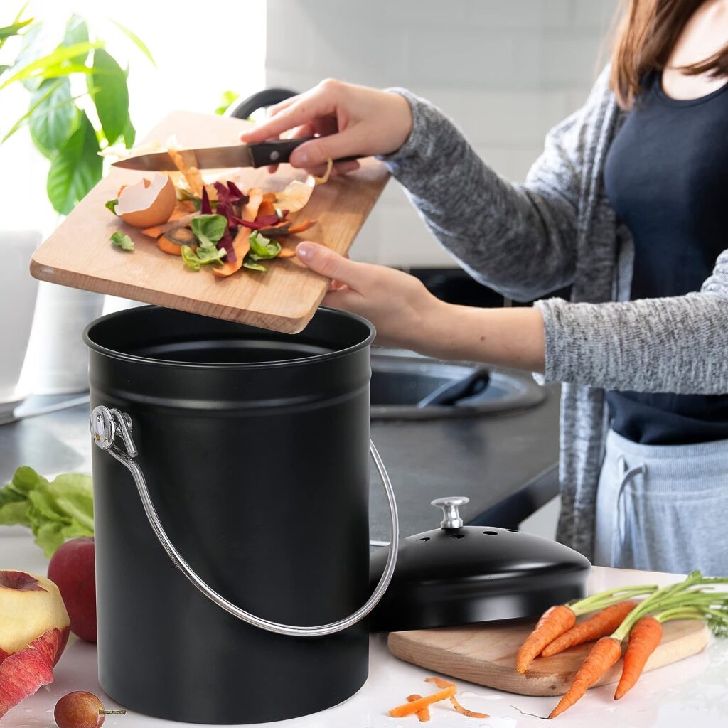 Utopia Kitchen Compost Bin for Kitchen Countertop - 1.3 Gallon Compost Bucket for Kitchen with Lid - Includes 1 Spare Charcoal Filter (Silver)