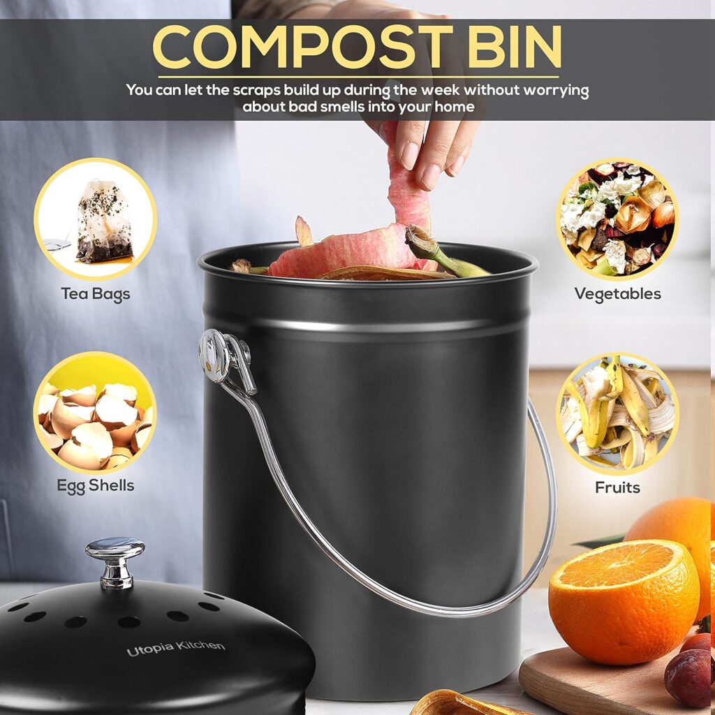 Utopia Kitchen Compost Bin for Kitchen Countertop - 1.3 Gallon Compost Bucket for Kitchen with Lid - Includes 1 Spare Charcoal Filter (Silver)