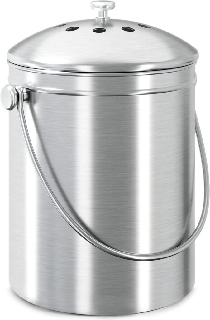 Utopia Kitchen Compost Bin for Kitchen Countertop - 1.3 Gallon Compost Bucket for Kitchen with Lid - Includes 1 Spare Charcoal Filter (Silver)