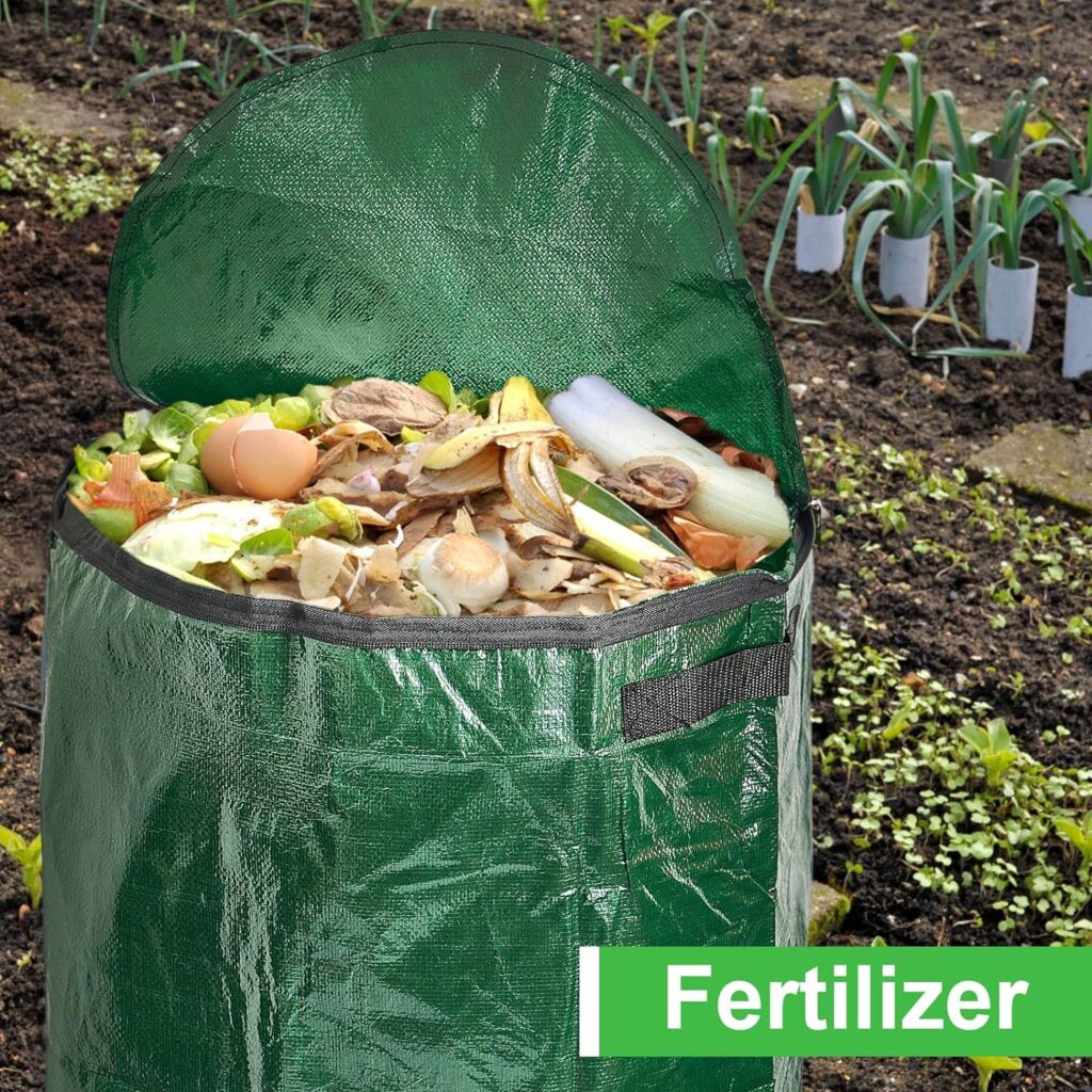 4 Pieces Compost Bin Bags Large 34 Gallon Reusable Yard Waste Bags Lawn Bags Heavy Duty Garden Bag Composting Bags Garbage Can Outdoor Container with Zipper Lid and Handles for Loading Leaf Trash