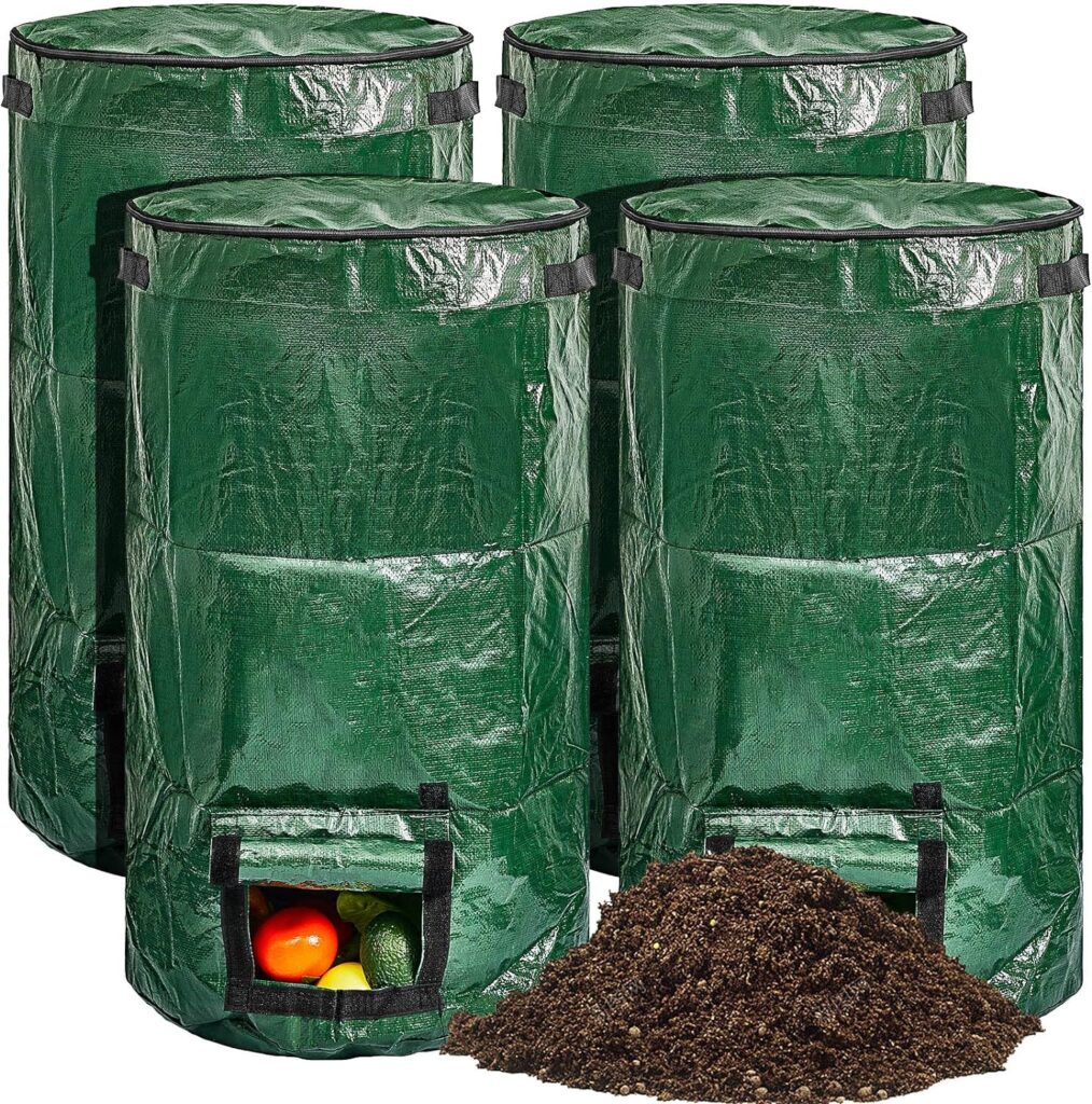 4 Pieces Compost Bin Bags Large 34 Gallon Reusable Yard Waste Bags Lawn Bags Heavy Duty Garden Bag Composting Bags Garbage Can Outdoor Container with Zipper Lid and Handles for Loading Leaf Trash