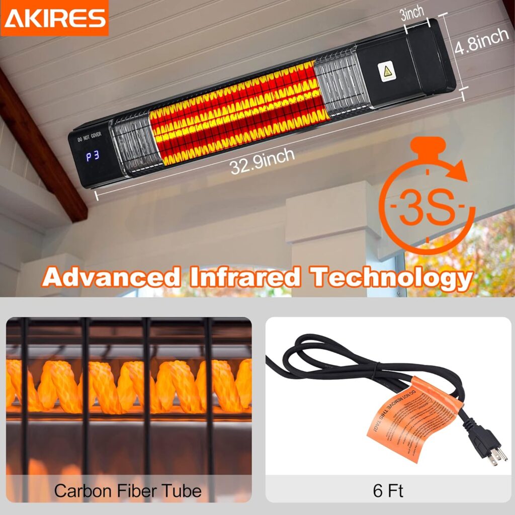 AKIRES Indoor Outdoor Patio Heater,1500W Electric Infrared Heater,34IN Portable Space Radiant Tower Heater with Remote,Waterproof,24H Timer,Large Room Heater for Garage Backyard Porch Balcony Shop