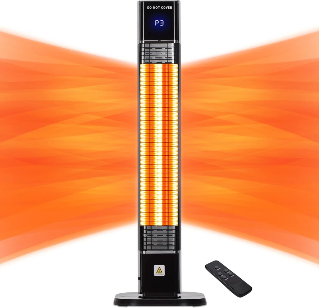 AKIRES Indoor Outdoor Patio Heater,1500W Electric Infrared Heater,34IN Portable Space Radiant Tower Heater with Remote,Waterproof,24H Timer,Large Room Heater for Garage Backyard Porch Balcony Shop