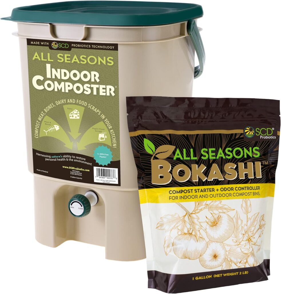 Amazon.com : All Seasons Indoor Composter Starter Kit – 5 Gallon Tan Compost Bin For Kitchen Countertop With Lid, Spigot  1 Gallon (2 lbs.) Bag Of Dry Bokashi Bran – by SCD Probiotics : Compost Bins : Patio, Lawn  Garden