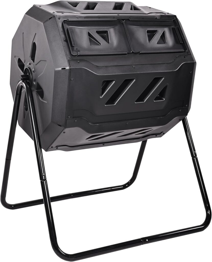 Elevon Outdoor Tumbling Composter Dual Rotating Batch Compost Bin, 43 Gallon, Black