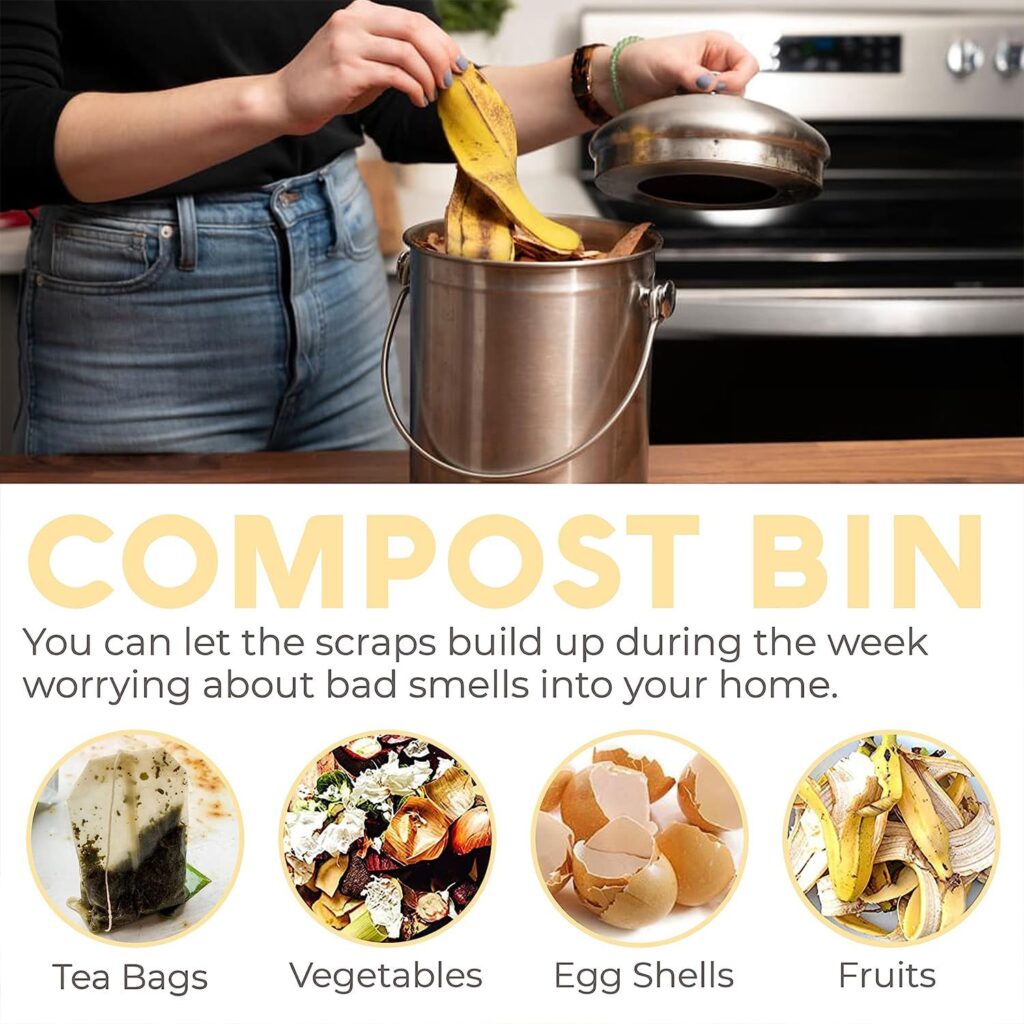 EPICA Countertop Compost Bin Kitchen | 1.3 Gallon | Odorless Composting Bin with Carbon Filters | Indoor Compost Bin with Lid | Stainless Steel Kitchen Composter for Food Scraps  Waste Recycling