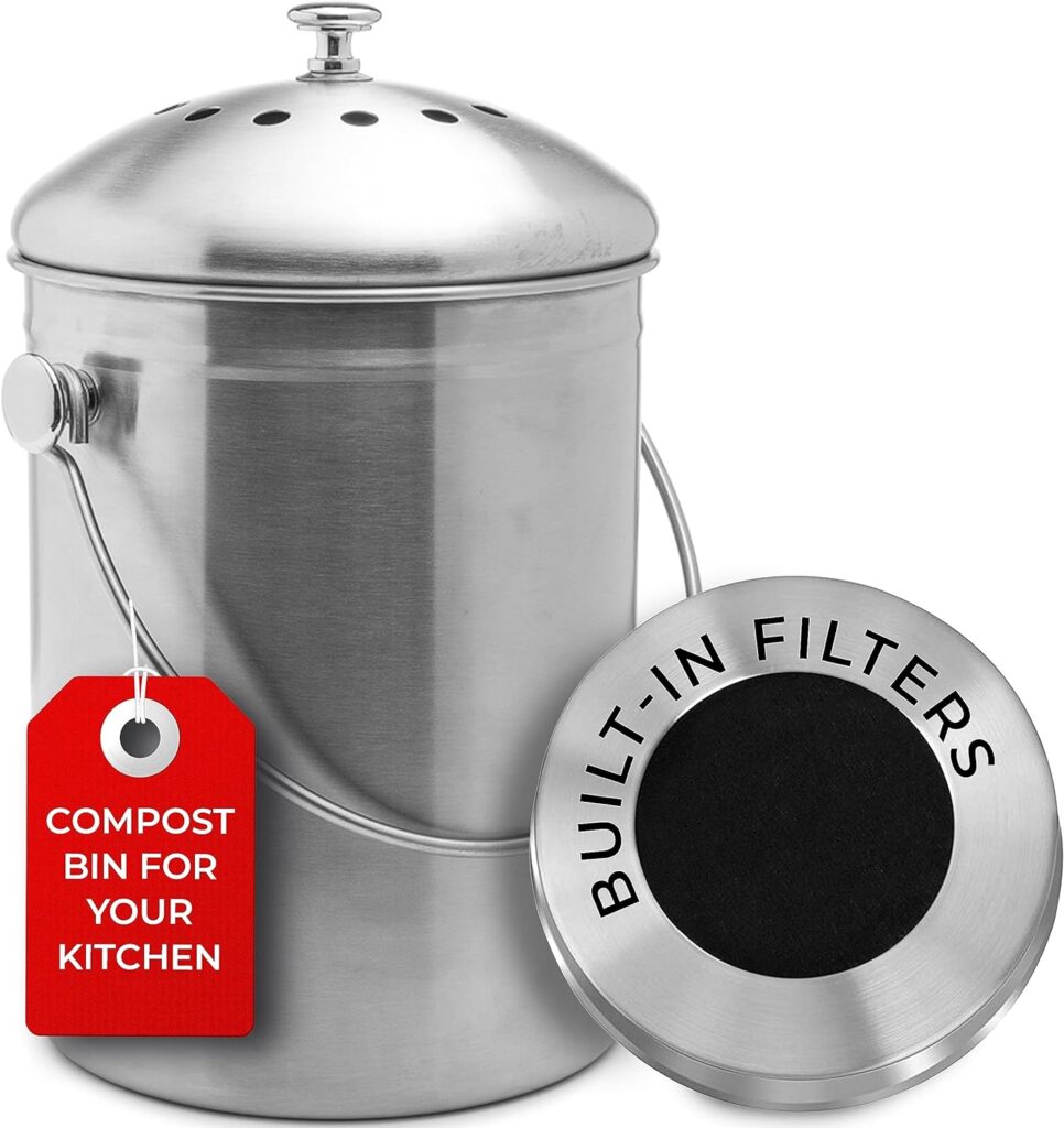 EPICA Countertop Compost Bin Kitchen | 1.3 Gallon | Odorless Composting Bin with Carbon Filters | Indoor Compost Bin with Lid | Stainless Steel Kitchen Composter for Food Scraps  Waste Recycling