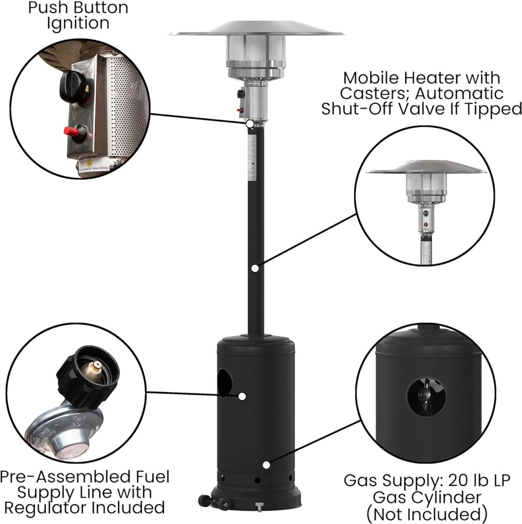 Flash Furniture Sol Patio Outdoor Heating-Black Stainless Steel 40,000 BTU Propane Heater with Wheels for Commercial  Residential Use-7.5 Feet Tall