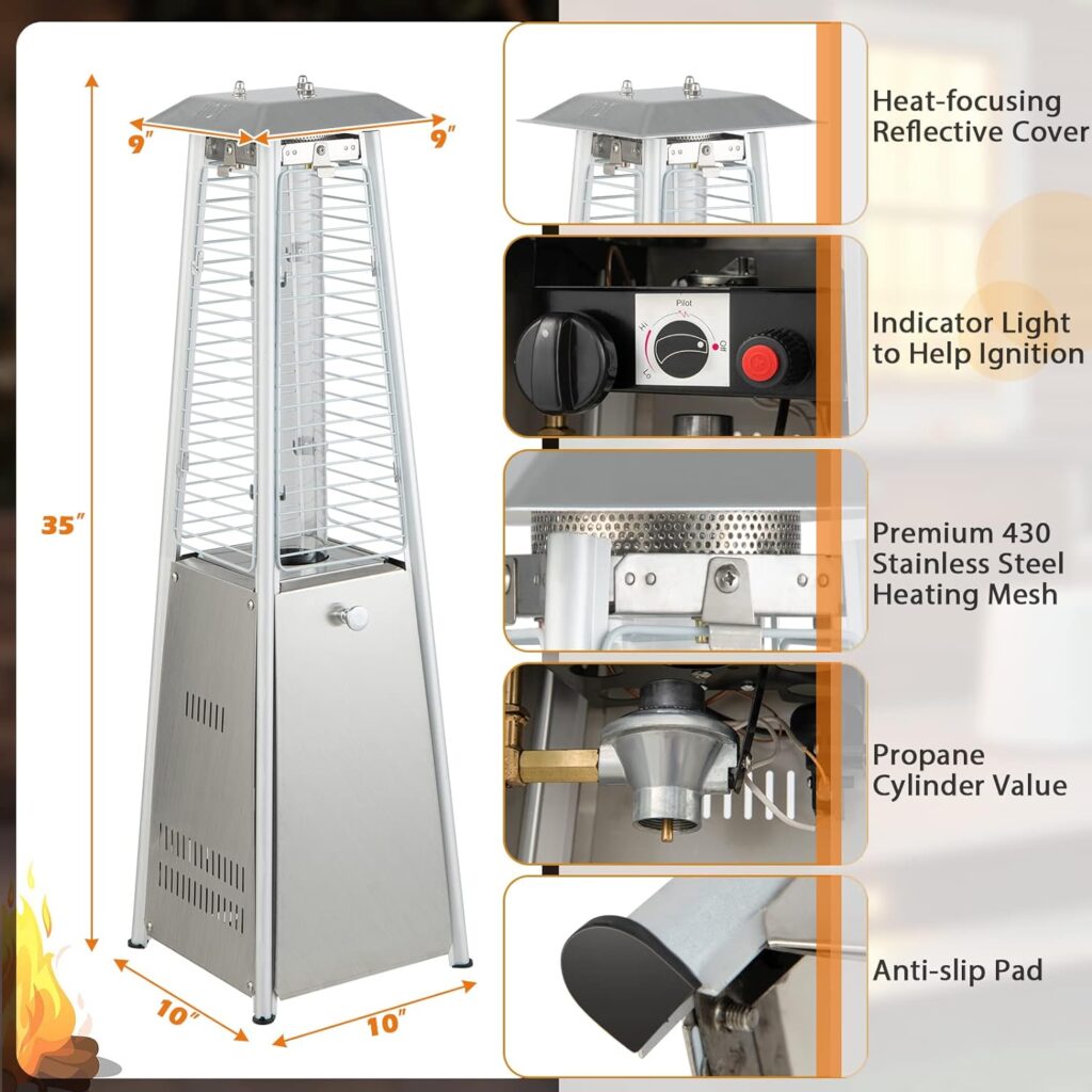 Giantex Outdoor Heaters for Patio - 35” Outside Portable Tabletop Patio Heater, 9500 BTU Pyramid Propane Patio Heater with Glass Tube, Simple Ignition System and Dancing Flame, CSA Certification