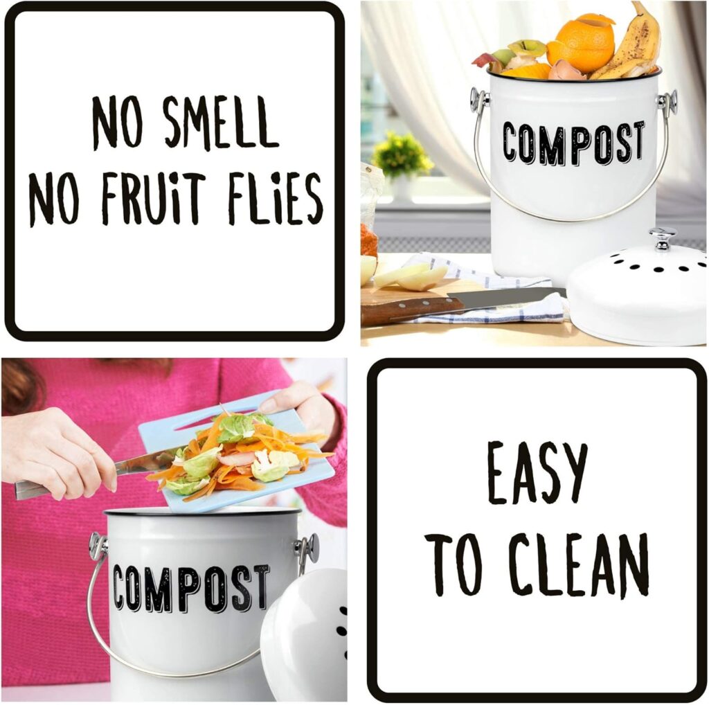 Granrosi Compost Bin Kitchen, Kitchen Compost Bin Countertop, Indoor Compost Bin, Countertop Compost Bin with Lid, 100% Rust Proof Compost Bucket w/ Non-Smell Charcoal Filters, 1.3 Gallon - White