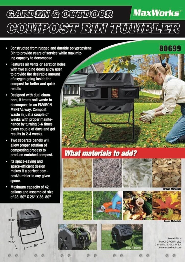 MaxWorks 80699 Compost Bin Tumbler for Garden and Outdoor, 42 Gallon Capacity with 2 Chambers Dual Rotating Composting Tumbler , Black