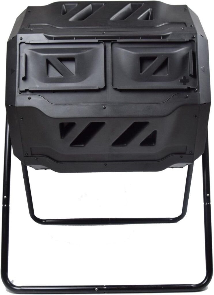 MaxWorks 80699 Compost Bin Tumbler for Garden and Outdoor, 42 Gallon Capacity with 2 Chambers Dual Rotating Composting Tumbler , Black