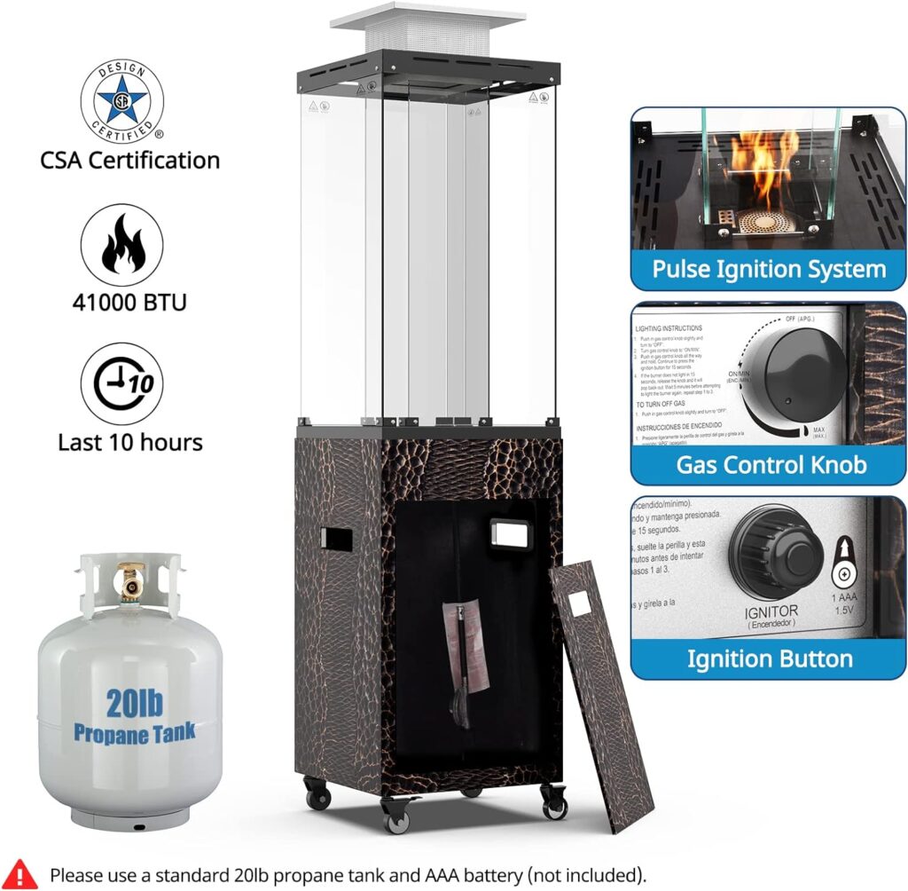 OTSUN Outdoor Patio Heater, 56 Propane Heater with Wheels, Metal hood, Weather Cover, 201 Double Tempered glass, 41000 BTU Gas Fireplace