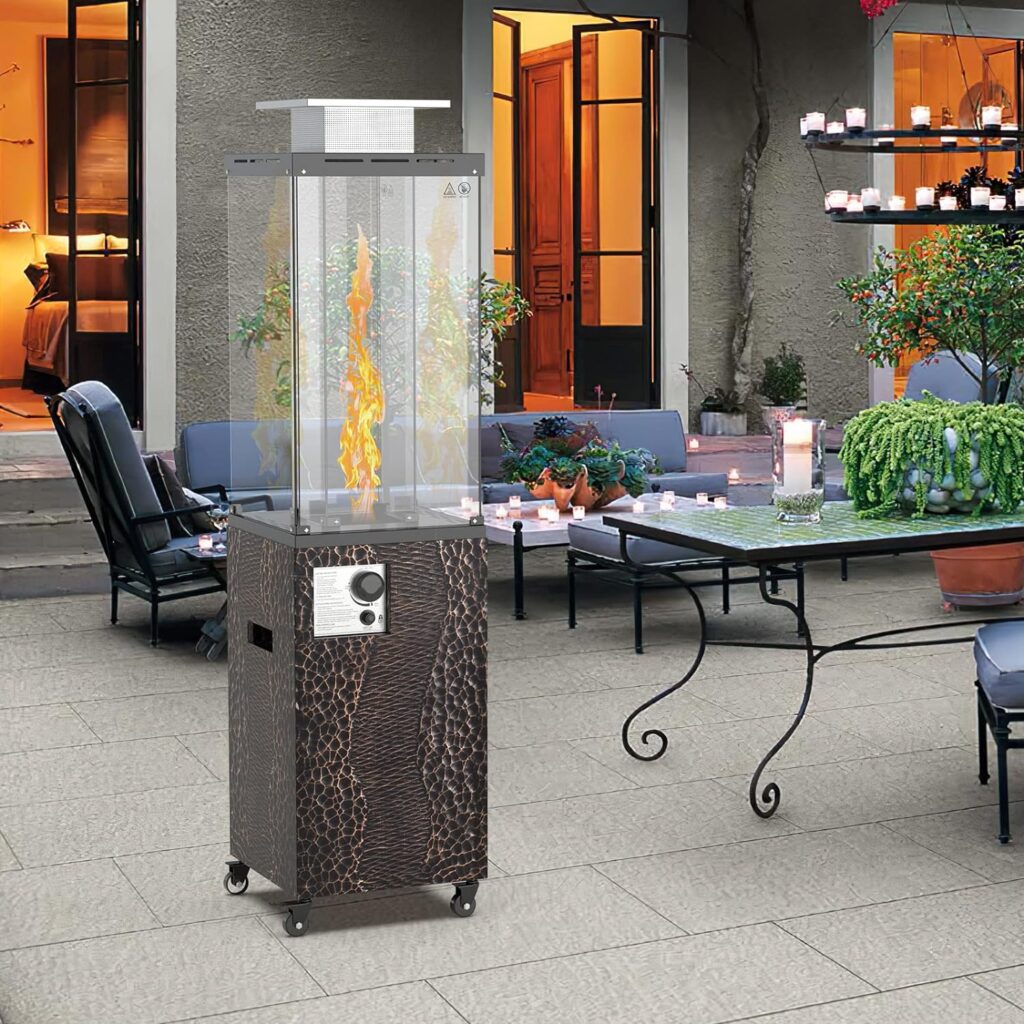 OTSUN Outdoor Patio Heater, 56 Propane Heater with Wheels, Metal hood, Weather Cover, 201 Double Tempered glass, 41000 BTU Gas Fireplace