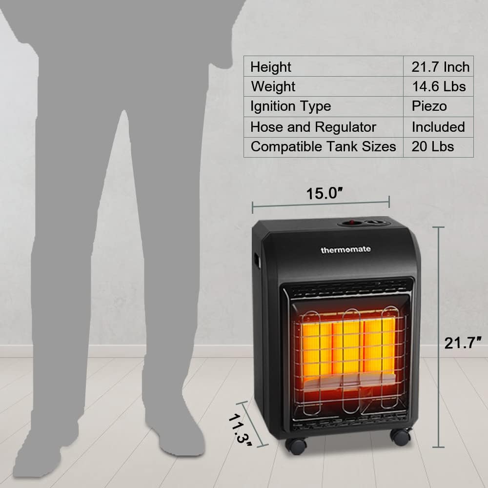 thermomate Propane Radiant Heater, 18,000 BTU Portable LP Gas Heater with 3 Power Settings, Propane Heater with Gas Regulator and Hose, Heating Area Up to 450 Sq. Ft