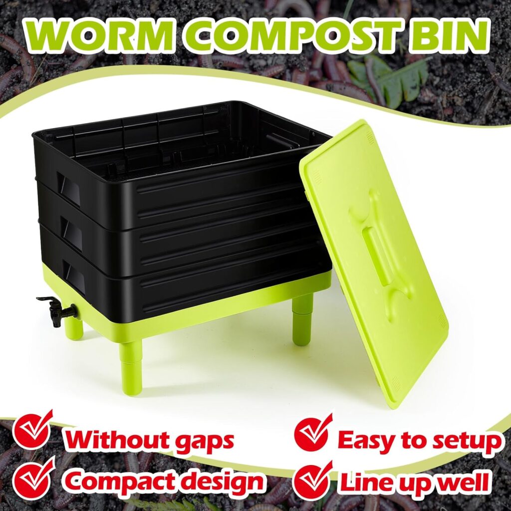 Thyle 3 Trays Worm Composter Bins Black Worm Composting System for Kitchen Indoor Outdoor Recycling Food Waste with Instruction