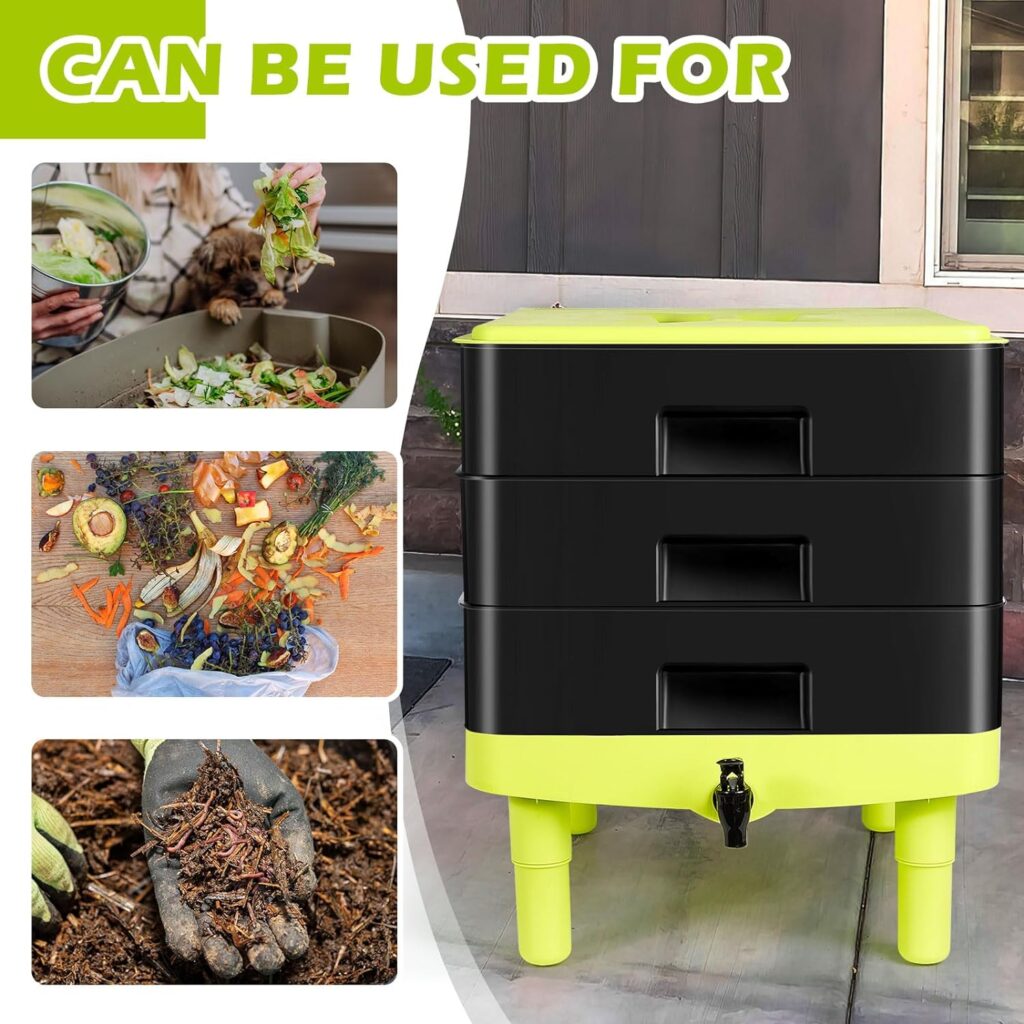 Thyle 3 Trays Worm Composter Bins Black Worm Composting System for Kitchen Indoor Outdoor Recycling Food Waste with Instruction