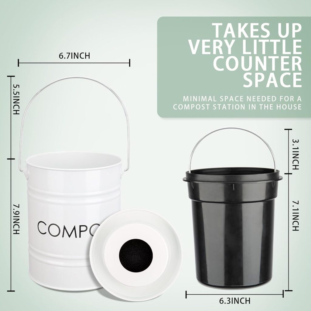 Vipush Kitchen Countertop Compost Bin with lid – Small, Includes Inner Compost Bucket Liner  Charcoal Filter, Green