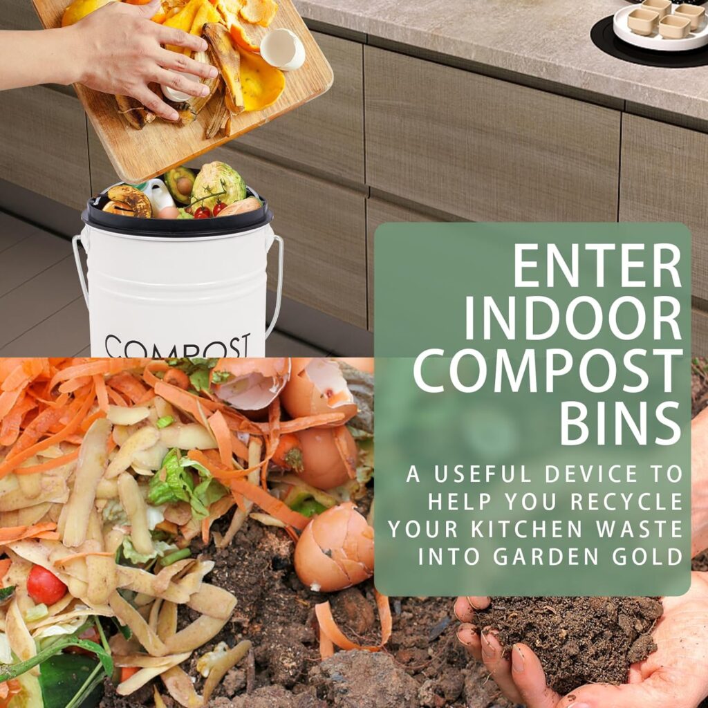 Vipush Kitchen Countertop Compost Bin with lid – Small, Includes Inner Compost Bucket Liner  Charcoal Filter, Green