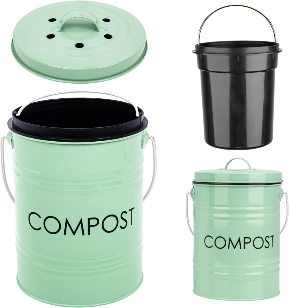 Vipush Kitchen Countertop Compost Bin with lid – Small, Includes Inner Compost Bucket Liner  Charcoal Filter, Green