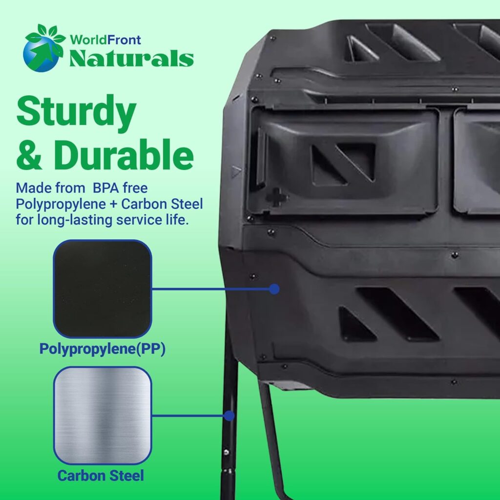 WorldFront Naturals Durable Compost Tumbler Outdoor with Metal Stand - 160L Capacity Composting Bin for Efficient Organic Waste Management - Dual Chamber Composter Design