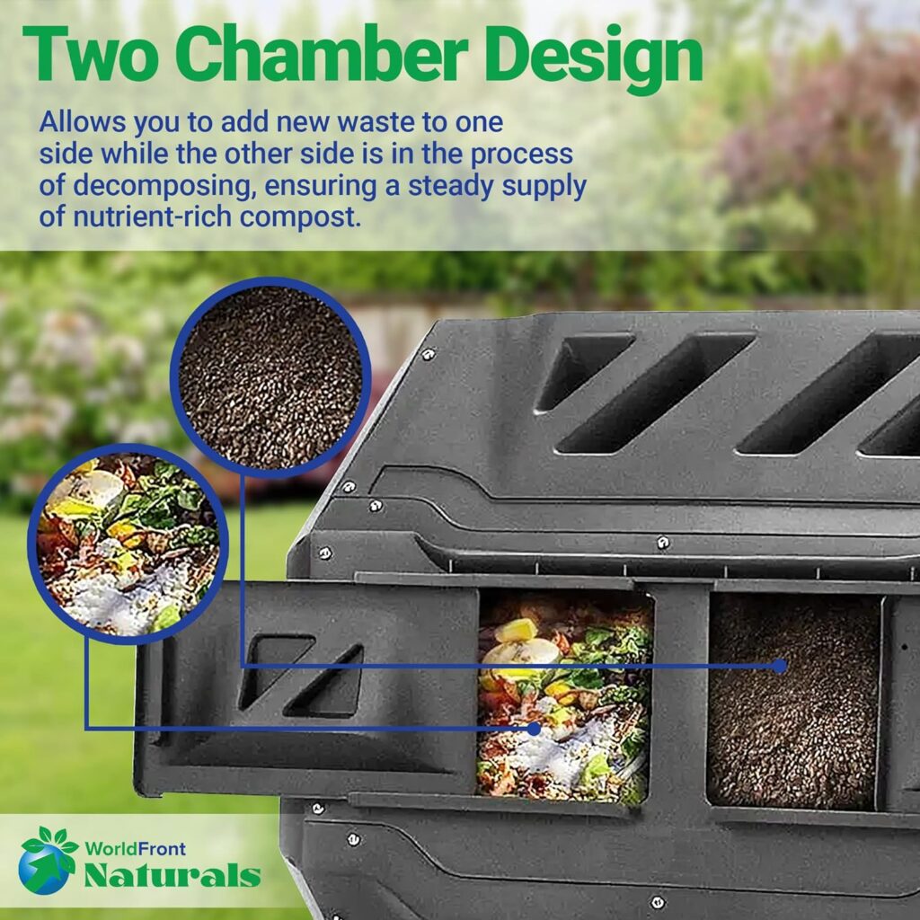 WorldFront Naturals Durable Compost Tumbler Outdoor with Metal Stand - 160L Capacity Composting Bin for Efficient Organic Waste Management - Dual Chamber Composter Design